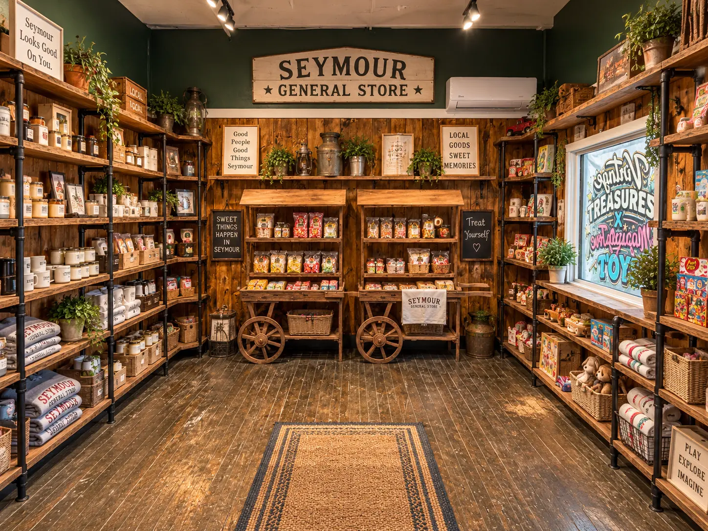 Inside Seymour General Store: rustic shelving filled with local specialty foods